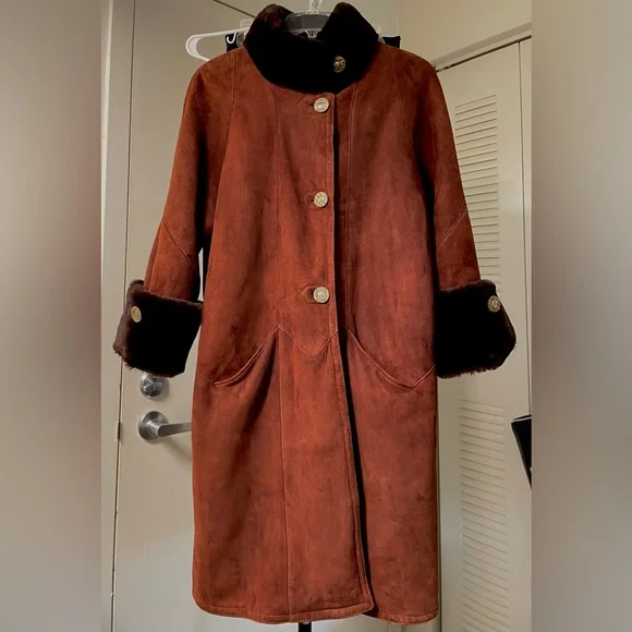 Like New Genuine Shearling leather long Coat medium fur suede sheepskin wool DM - Picture 4 of 11